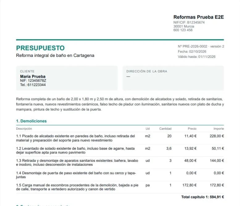 Primera página de un presupuesto en PDF generado con ObraSmart, con capítulos, partidas e importes